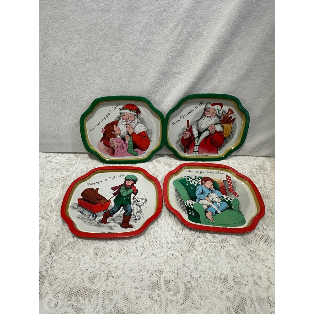 Vintage J.S.N.Y. Christmas Tin‎ Trays Set of 4 Santa Claus Winter Scenes